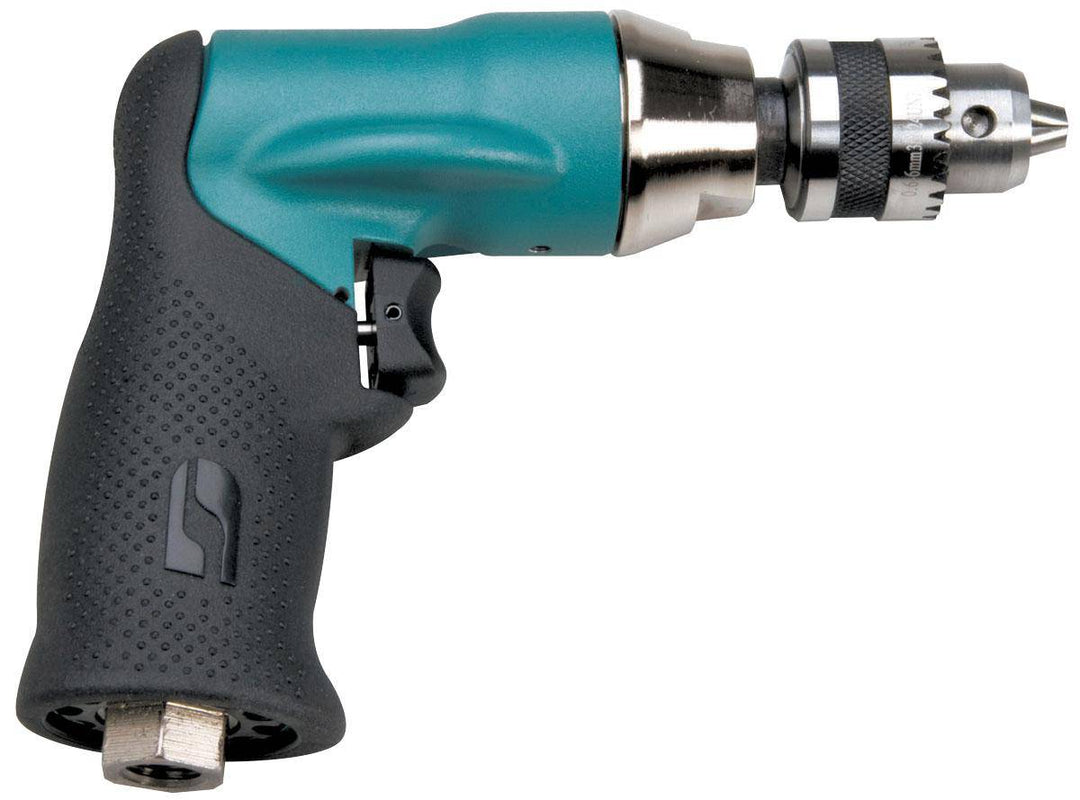 Dynabrade 52833 1/4 inch pistol grip drill with 0.4 HP, 2400 RPM, geared rear exhaust, and Dynachuck for industrial use.