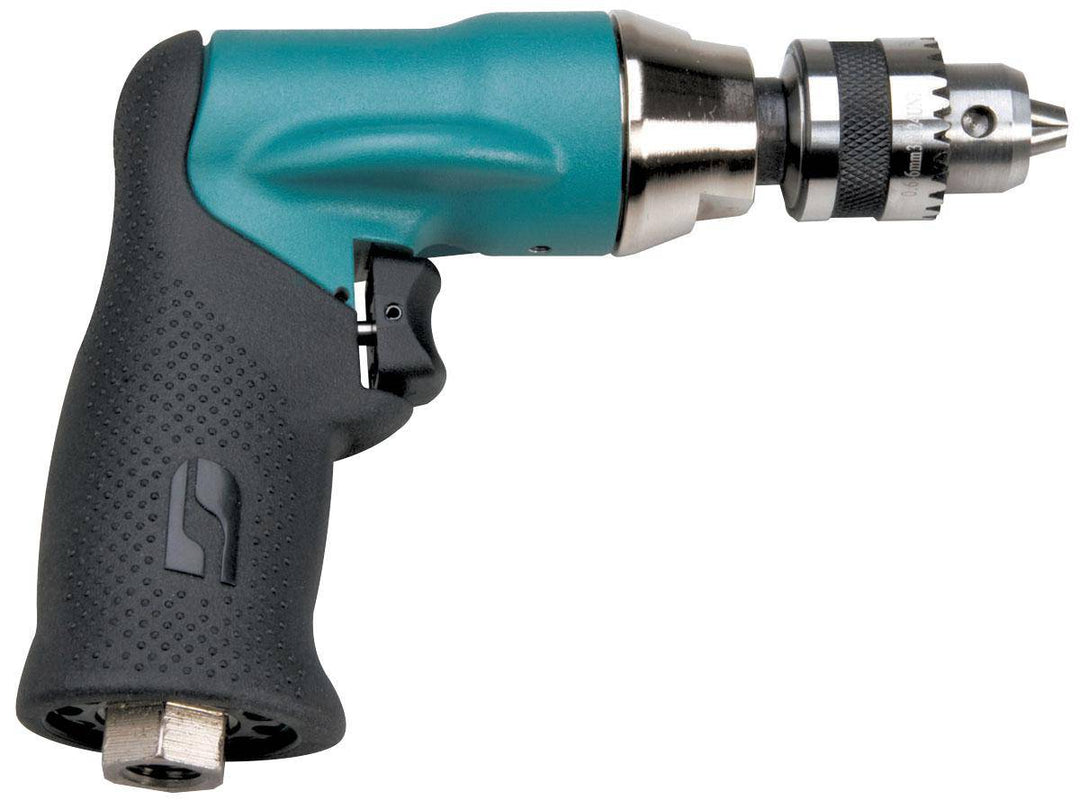 Dynabrade 52836 1/4 inch pistol grip drill with 0.4 HP, 20000 RPM, rear exhaust, and Dynachuck, designed for precision drilling.
