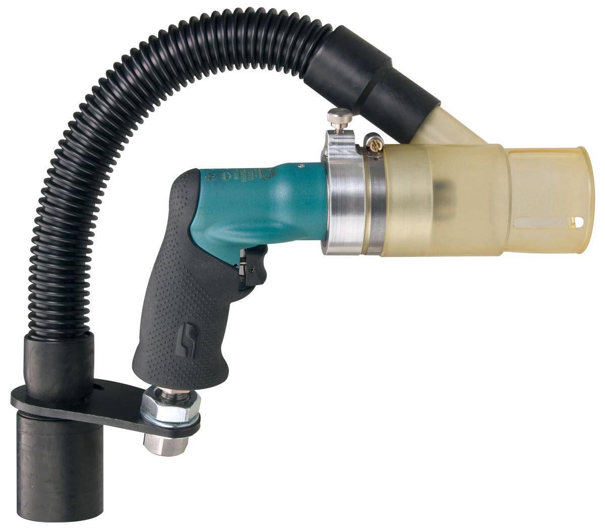 Dynabrade 52903 1/4 inch pistol grip drill with central vacuum, 0.4 HP, 500 RPM, geared rear exhaust, and Dynachuck for versatile drilling.