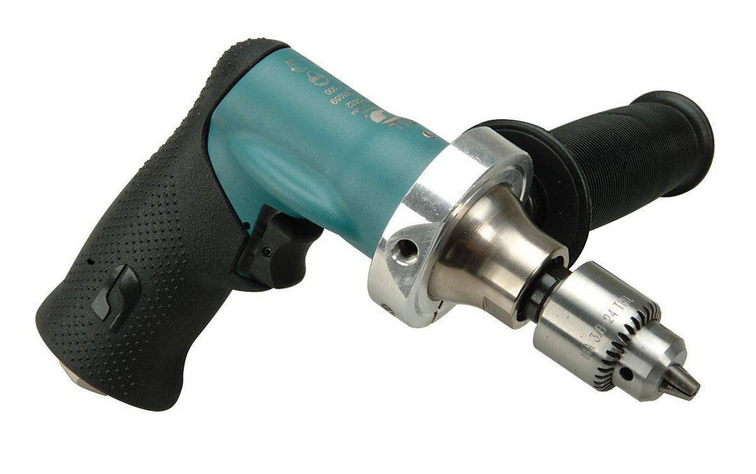Dynabrade 52932 1/4 inch pistol grip drill with 0.4 HP, 1000 RPM, geared rear exhaust, compact and durable power tool.