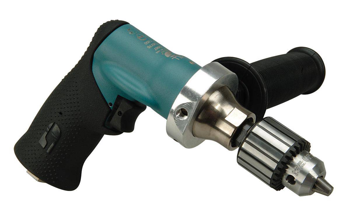 Dynabrade 52987 3/8 inch pistol grip drill with 0.4 HP, 1000 RPM, geared rear exhaust, compact and durable power tool.
