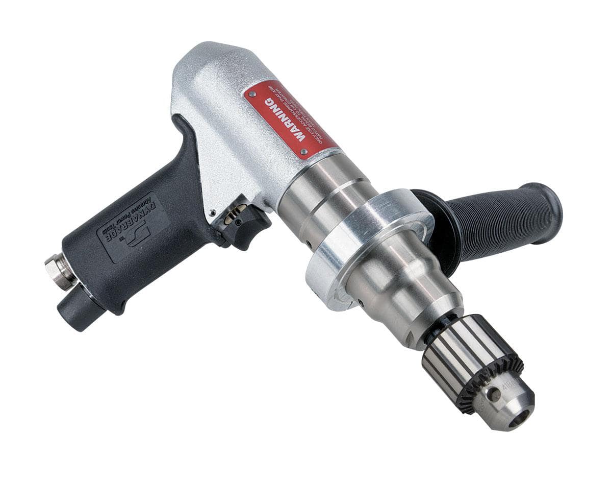 Dynabrade 53091 3/8 inch pistol grip drill with 0.7 HP, 950 RPM, geared rear exhaust, keyed chuck for industrial drilling.