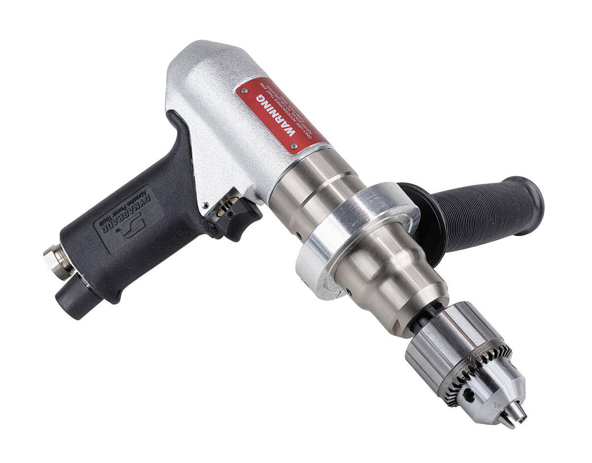 Dynabrade 53092 1/2 inch pistol grip drill with 0.7 HP, 500 RPM, geared rear exhaust, and keyed Jacobs chuck.