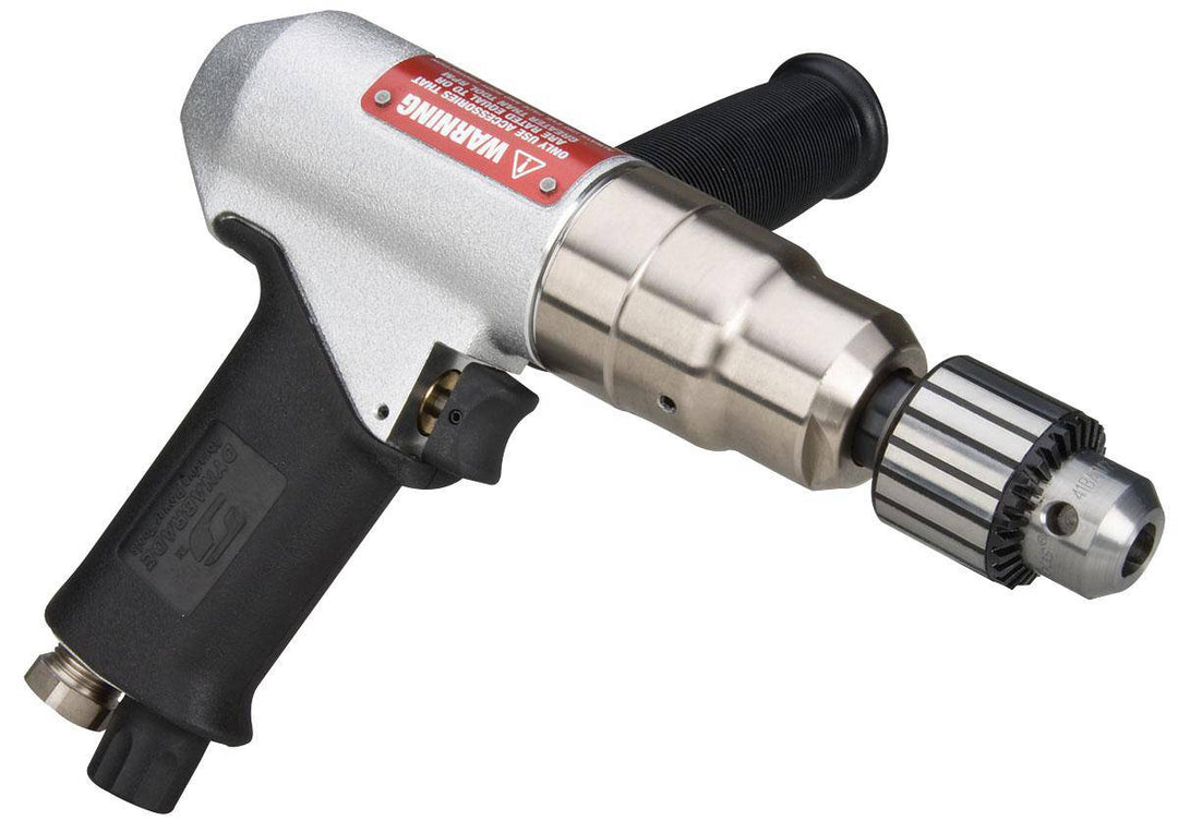 Dynabrade 53093 3/8 inch pistol grip drill with 0.7 HP, 1800 RPM, geared rear exhaust, keyed chuck, and Jacobs brand.