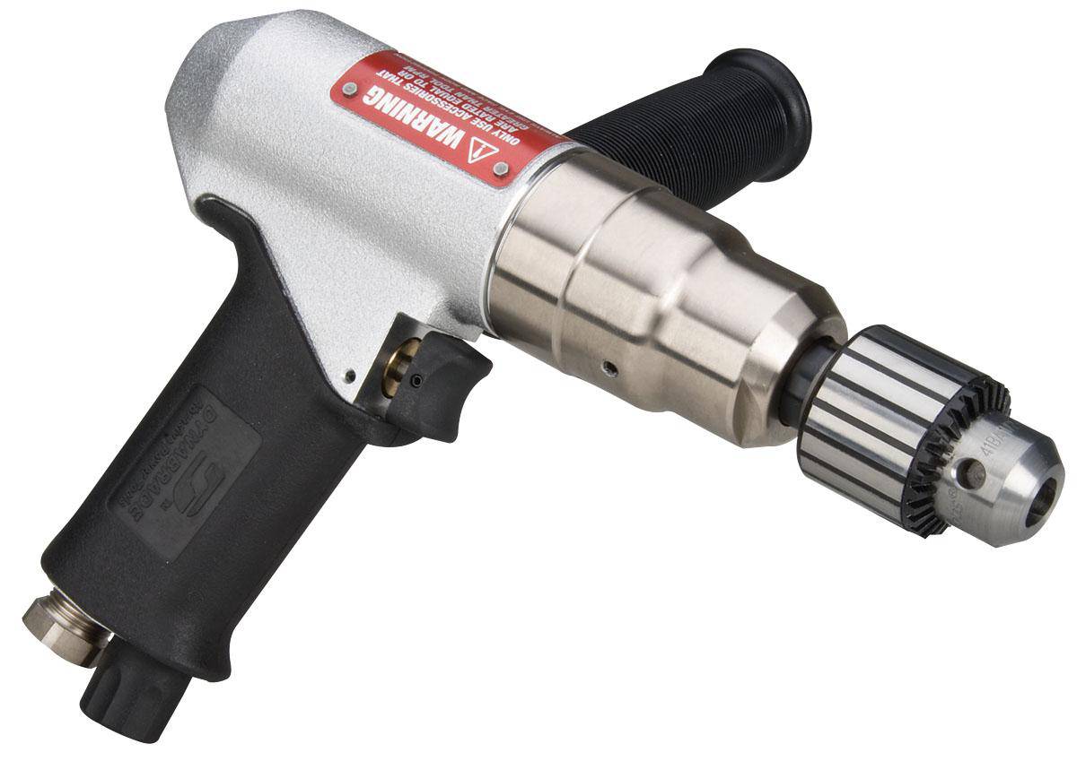 Dynabrade 53095 3/8 inch pistol grip drill with 0.7 HP, 4500 RPM, geared rear exhaust, keyed chuck, and Jacobs design.