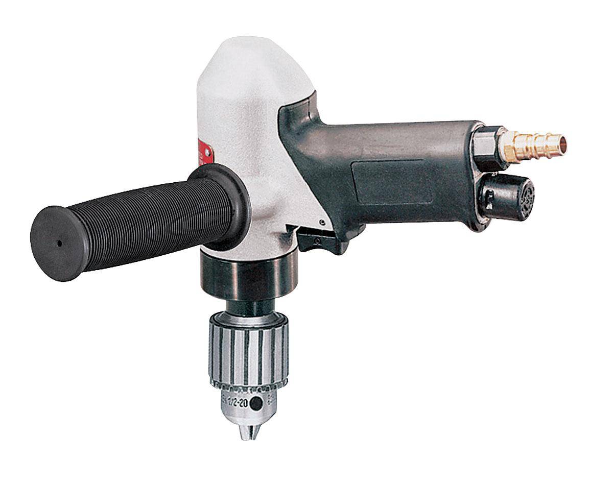 Dynabrade 53096 3/8 inch pistol grip drill with 0.7 HP, 20000 RPM, rear exhaust, keyed chuck, and Jacobs handle.