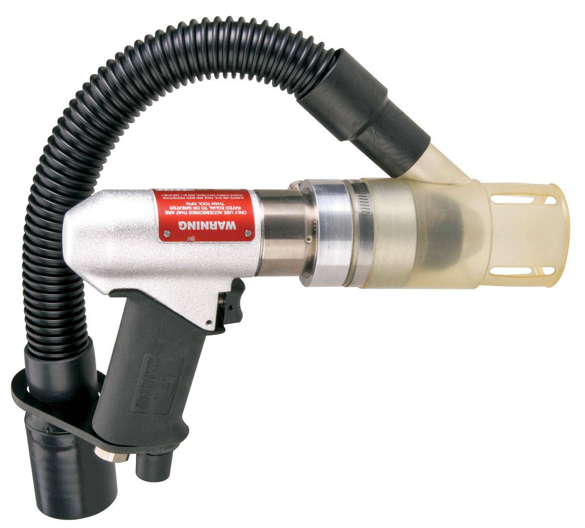 Dynabrade 53105 3/8 inch pistol grip drill with geared rear exhaust, 0.7 HP, 950 RPM, designed for central vacuum systems.