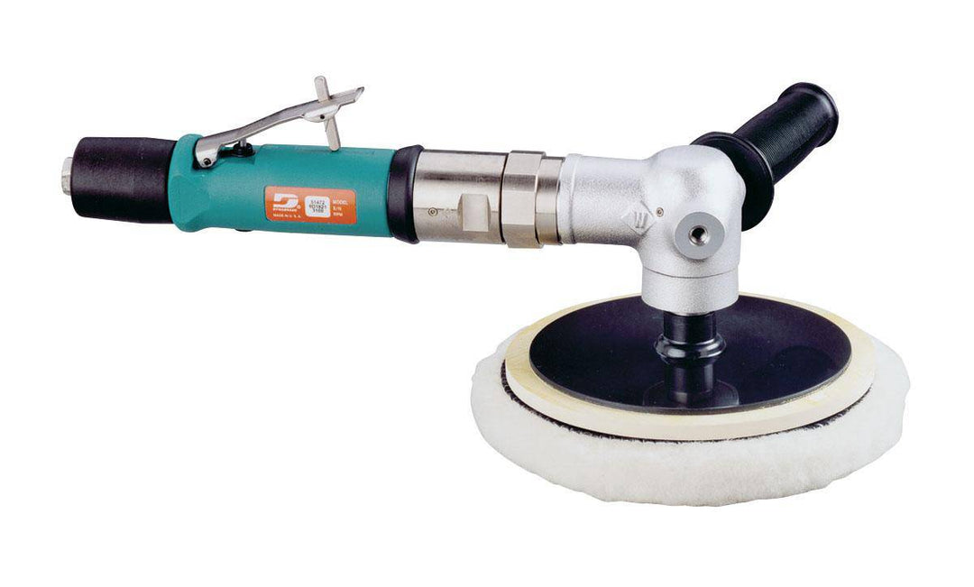Dynabrade right angle rotary buffer with 8-inch diameter, 0.7 HP motor, rear exhaust, and 5/8-11 inch spindle thread.