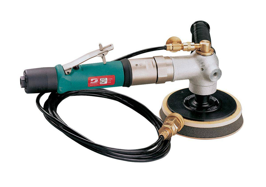 Dynabrade 51476 5-inch right-angle wet rotary sander with 8-inch diameter, 0.7 HP, 0-3100 RPM, rear exhaust, 5/8-11 spindle thread.