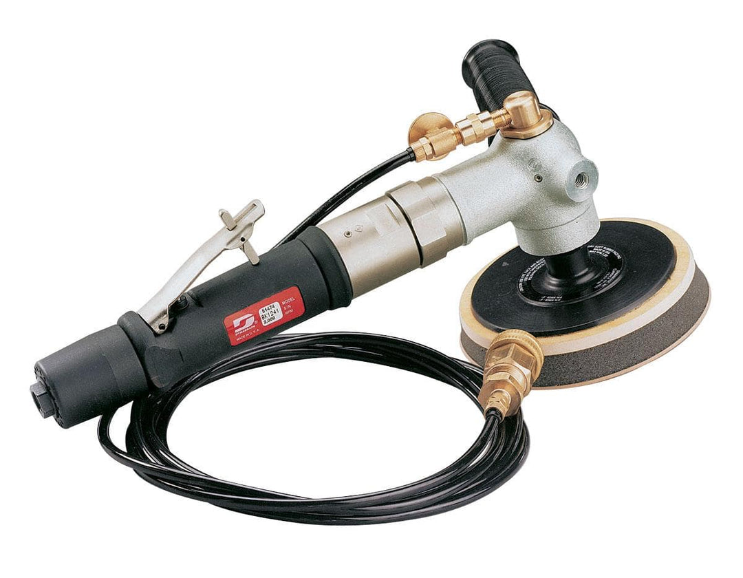 Dynabrade 51479 5-8 inch diameter right-angle wet rotary sander with 0.7 HP, rear exhaust, and 5/8-11 spindle thread.