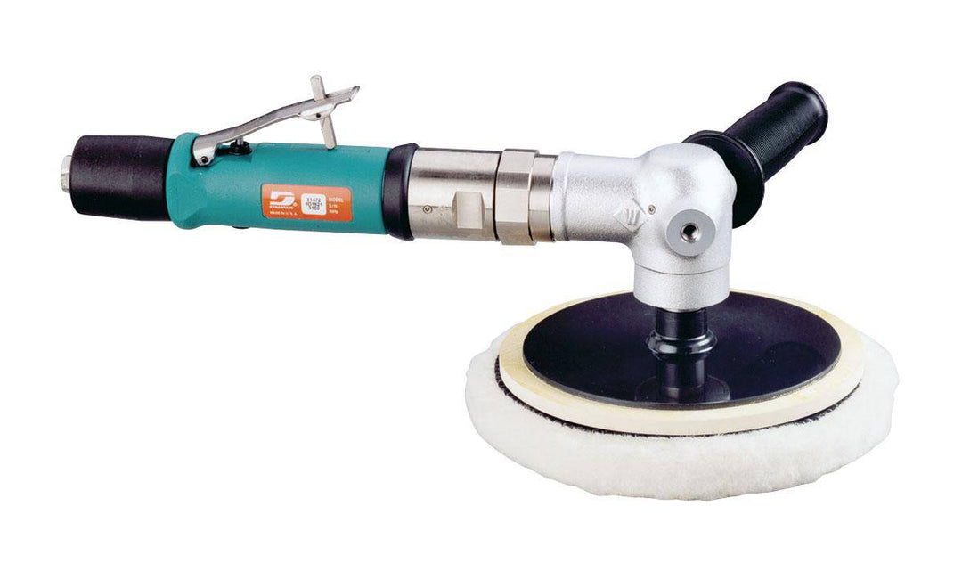 Dynabrade 51600 right angle two-hand rotary buffer with 6-8 inch diameter, 0.7 HP, 0-2000 RPM, rear exhaust, M14 x 2 spindle thread.