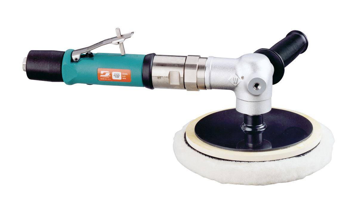 Dynabrade 51601 right angle rotary buffer with 6-8 inch diameter, two-hand design, 0.7 HP, M14 spindle, rear exhaust.