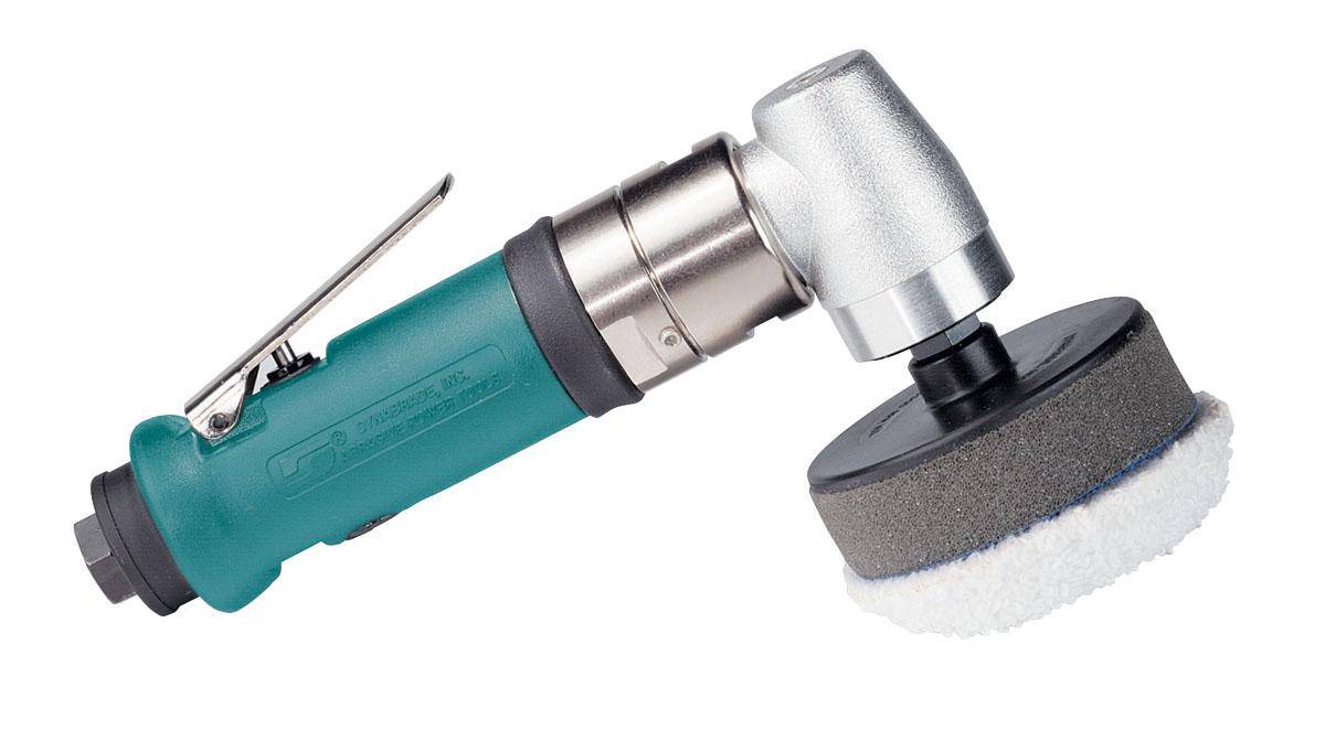 Dynabrade 53460 3-inch diameter right angle rotary buffer with 0.4 HP, 3200 RPM, rear exhaust, 3/8-24 spindle thread.