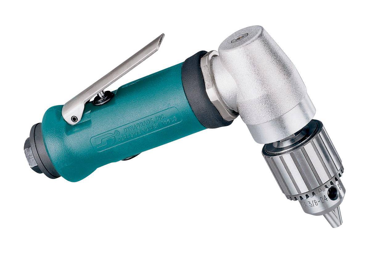 Dynabrade 53046 1/4-inch right angle drill with 0.4 HP, 12000 RPM, geared rear exhaust, standard muffler, Jacobs brand.