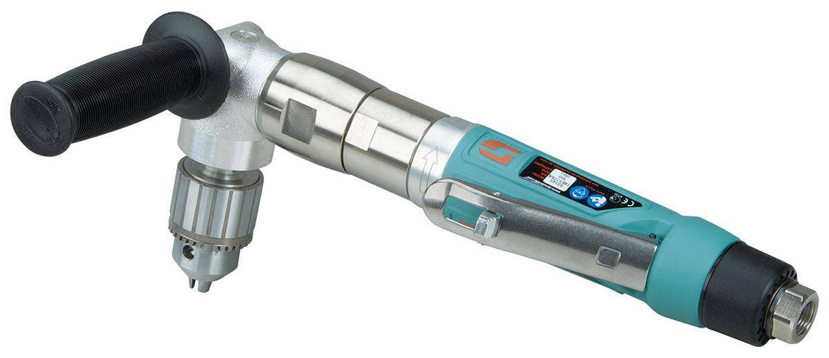Dynabrade 53143 right angle drill with 1/2 inch hole saw, 1 HP motor, 850 RPM, planetary gear, rear exhaust, Jacobs brand.