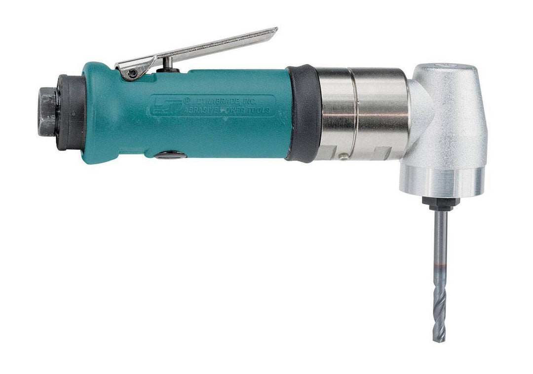 Dynabrade right angle drill with 0.4 HP, 3200 RPM, planetary gearing, rear exhaust, 1/4-28 female thread for industrial use.