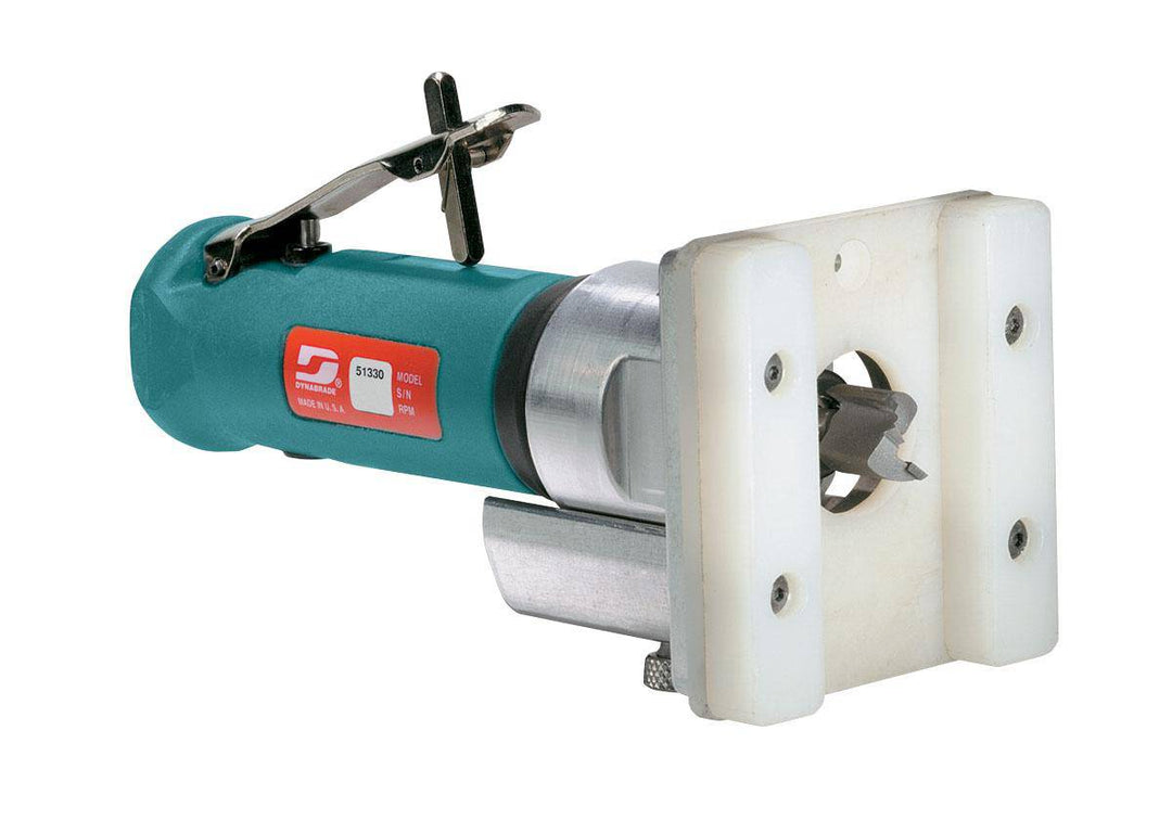 Dynabrade 51330 .7 Hp router with 20000 RPM, front exhaust, 3/8 inch-24 spindle thread, shown in a professional workshop setting.