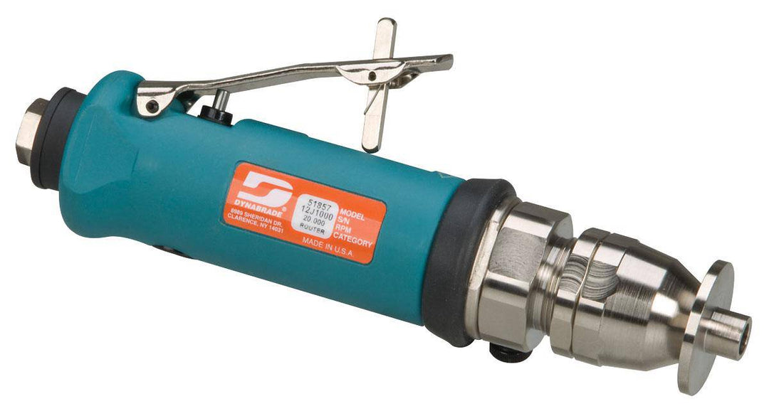 Dynabrade 51857 .7 Hp trim router with 1/4 inch collet, 20000 RPM, rear exhaust, showing the complete router body.