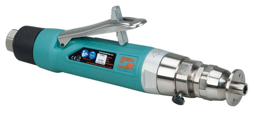 Dynabrade 51860 1.0 Hp trim router with 20000 RPM, 1/4 inch collet, governor control, and rear exhaust for precise woodworking.