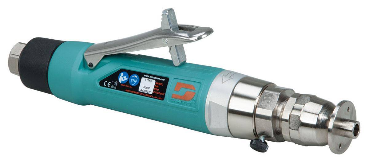 Dynabrade 51860 1.0 Hp trim router with 20000 RPM, 1/4 inch collet, governor control, and rear exhaust for precise woodworking.