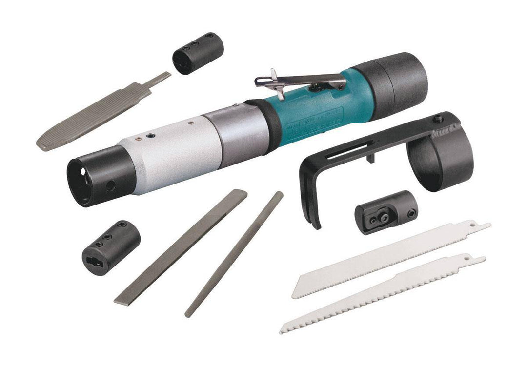 Dynabrade Stockade 12207 reciprocating saw kit with straight-line design, 0.4 Hp, 13/32 inch blade, 2400 SPM, for versatile cutting tasks.