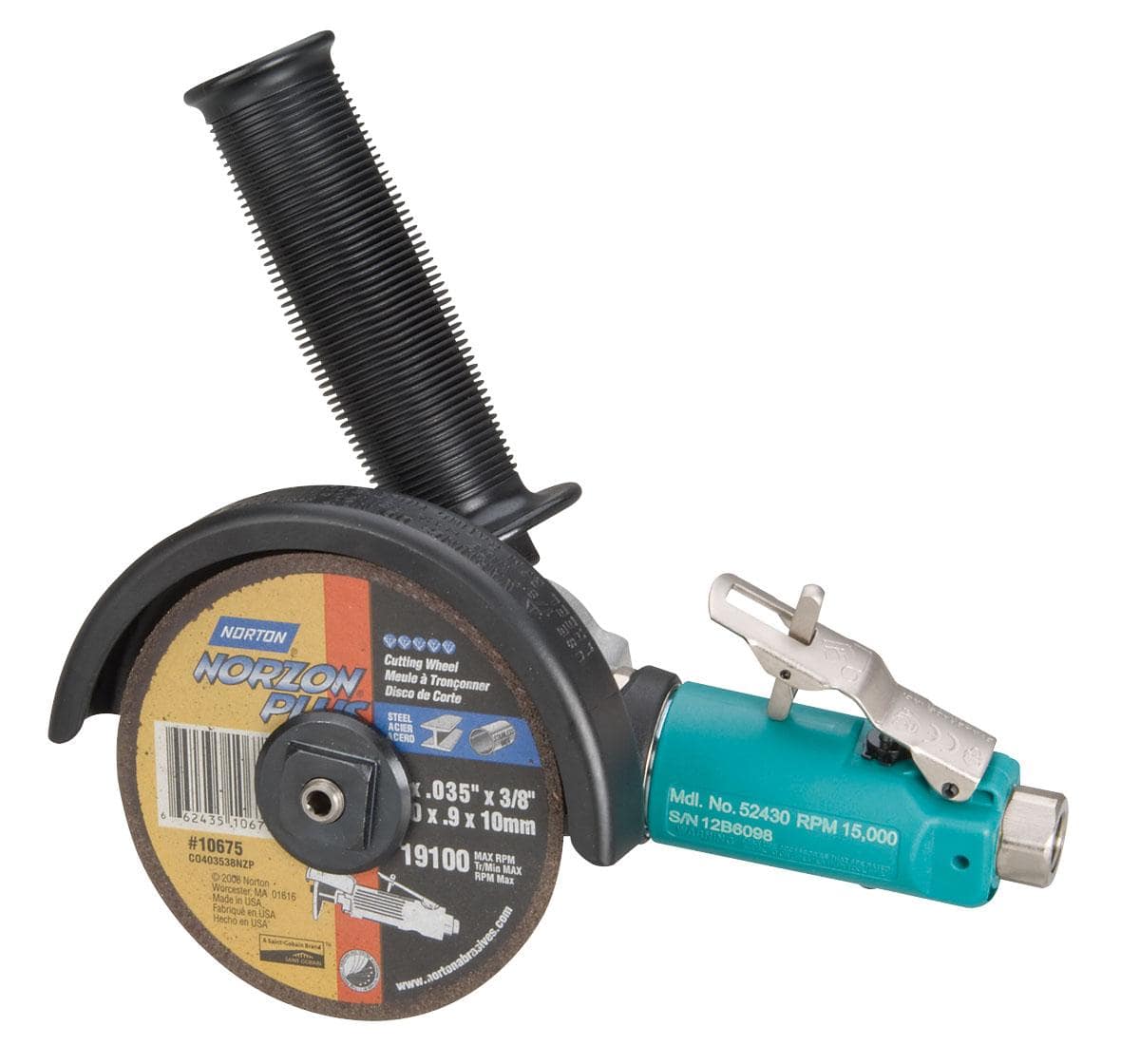 Dynabrade 52430 4-inch offset cut-off wheel tool with 7° angle, 7 HP, 15000 RPM, front exhaust, 3/8-inch-24 spindle thread.