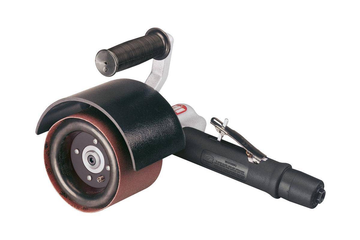 Dynabrade 13401 Dynisher finishing tool with 0.7 HP, 7-degree offset, 3400 RPM, rear exhaust, 3/4 inch arbor diameter.
