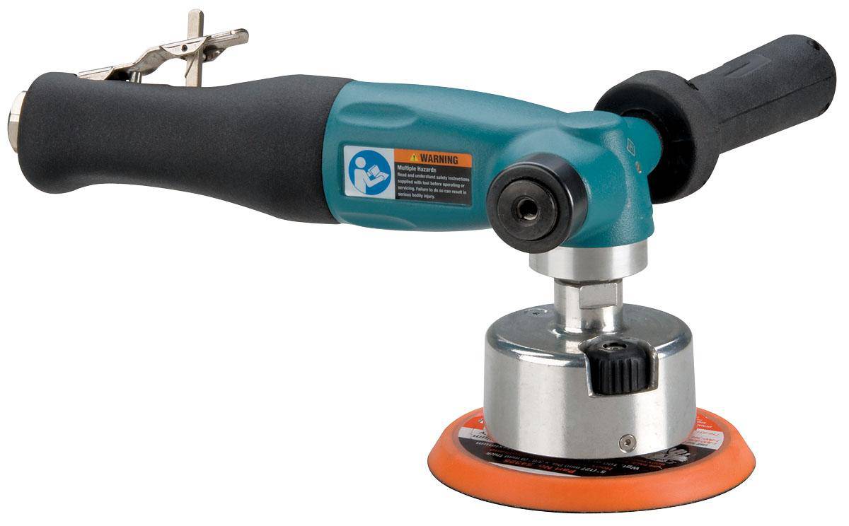 Dynabrade 52760 5-inch diameter specialty sander with rotary orbit, locking head, 1.3 HP, 12000 RPM, spindle thread, and exhaust.