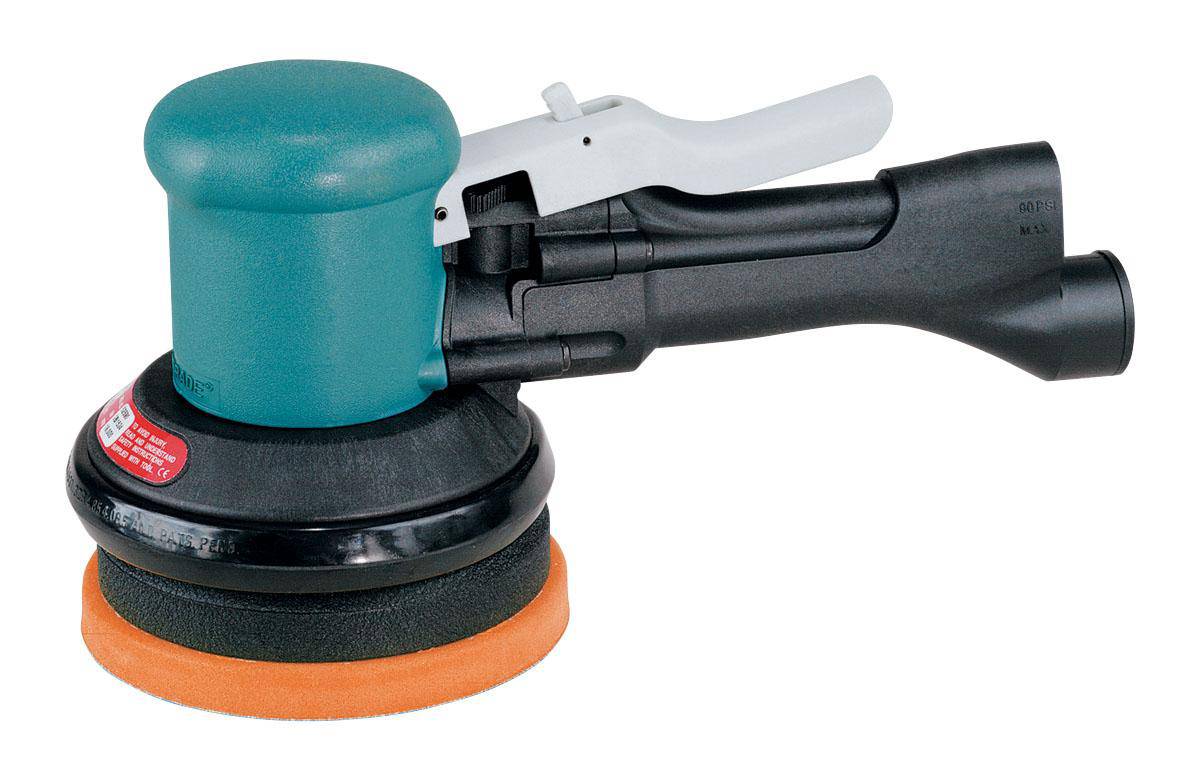 Dynabrade 58441 5-inch gear-driven specialty sander with hook-face pad, non-vacuum, 0.4 HP, 900 RPM, rear exhaust.