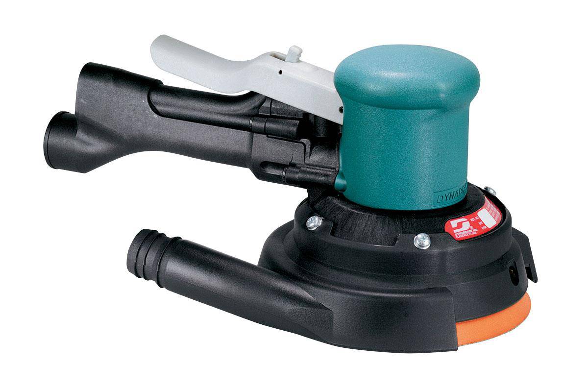 Dynabrade 58444 6-inch gear-driven sander with central vacuum, 0.4 HP, 900 RPM, rear exhaust, hook-face pad for specialty sanding.