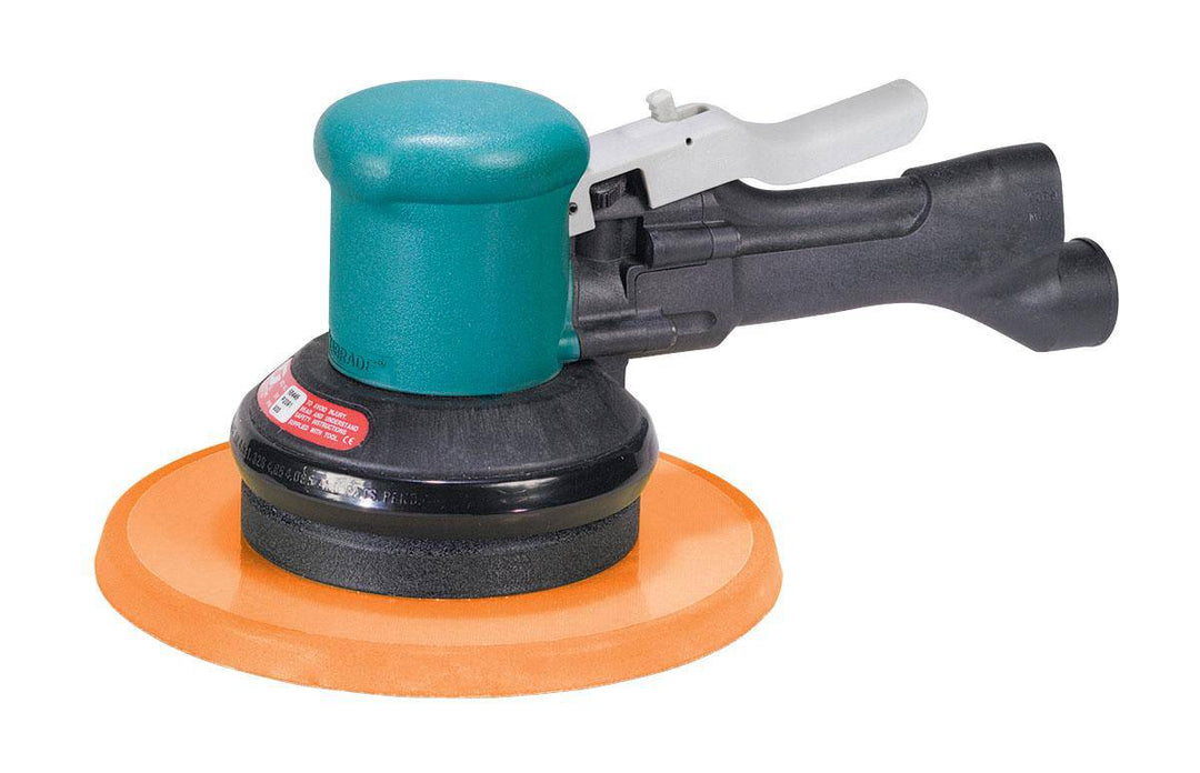 Dynabrade 58445 pneumatic random orbit sander for two hands, non-vac, 8-inch specialty sander in action.