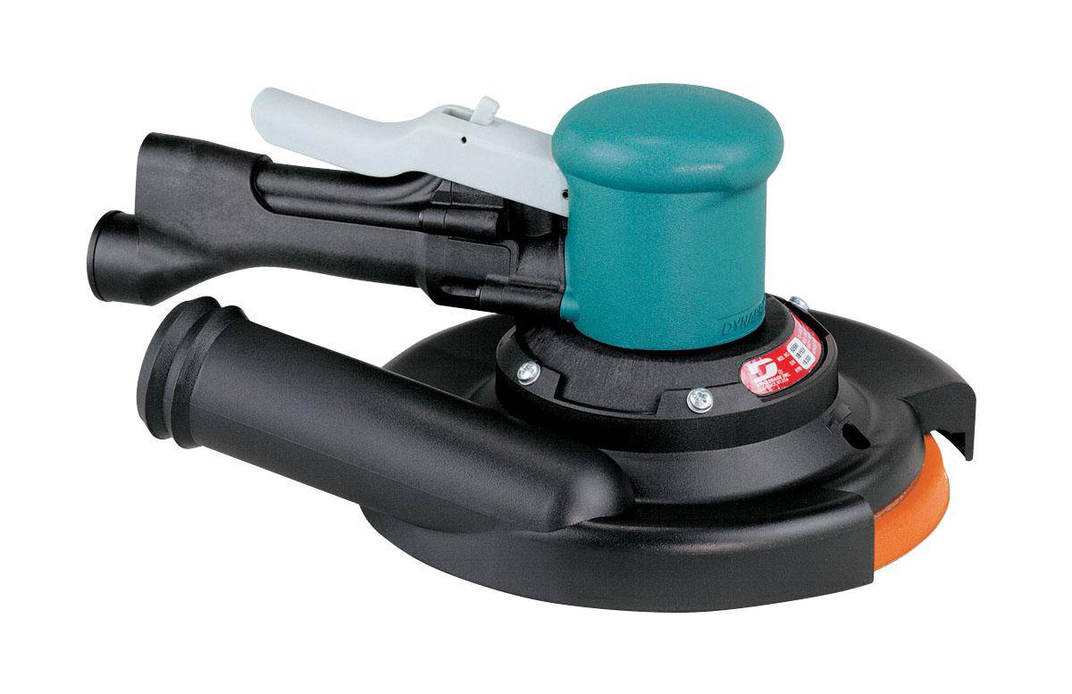 Dynabrade 58446 pneumatic random orbit sander with central vacuum, 8-inch, double-handle specialty sander in use.
