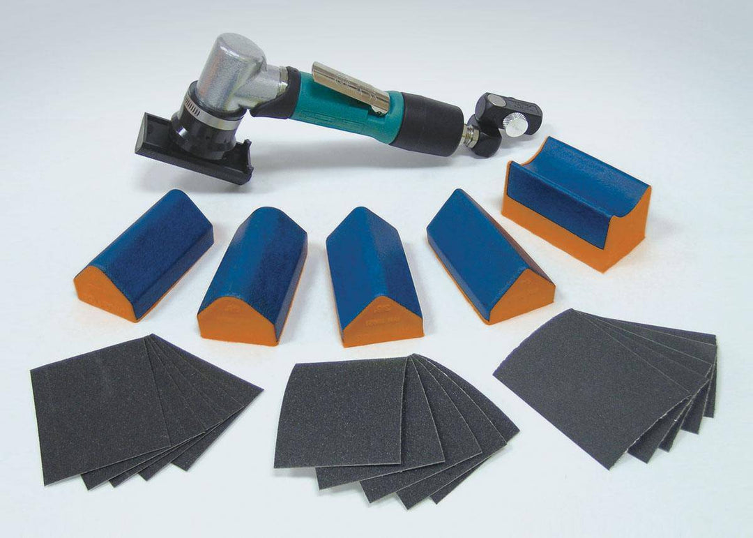 Dynabrade Dynafine backsplash sander versatility kit with 0.12 HP, 7-degree offset, 13000 RPM, 1/32 inch orbit, rear exhaust.
