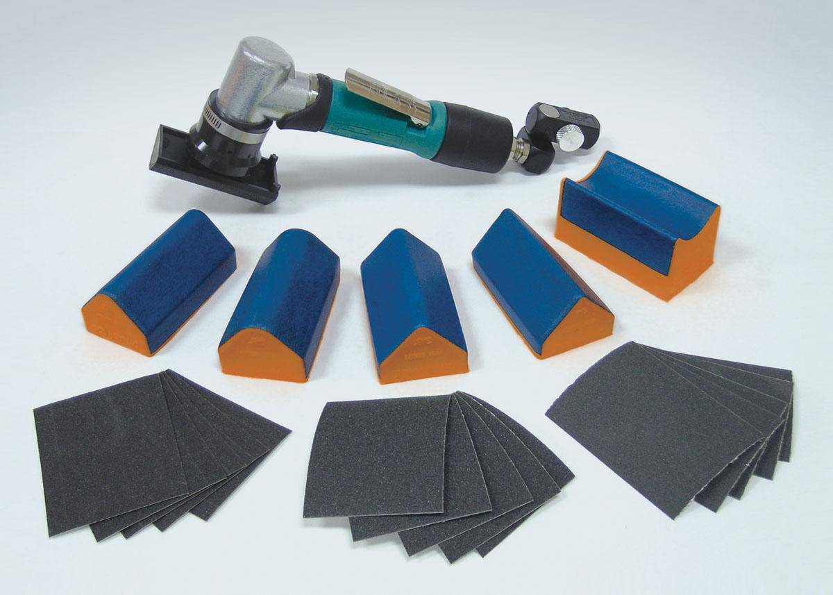 Dynabrade Dynafine backsplash sander versatility kit with 0.12 HP, 7-degree offset, 13000 RPM, 1/32 inch orbit, rear exhaust.