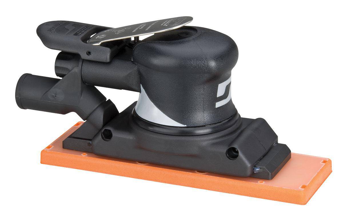 Dynabrade Dynaline 57404 specialty sander with 3/8 inch rear exhaust, central vacuum, 0.3 Hp, 2400 SPM, 2-3/4x8 inch size.