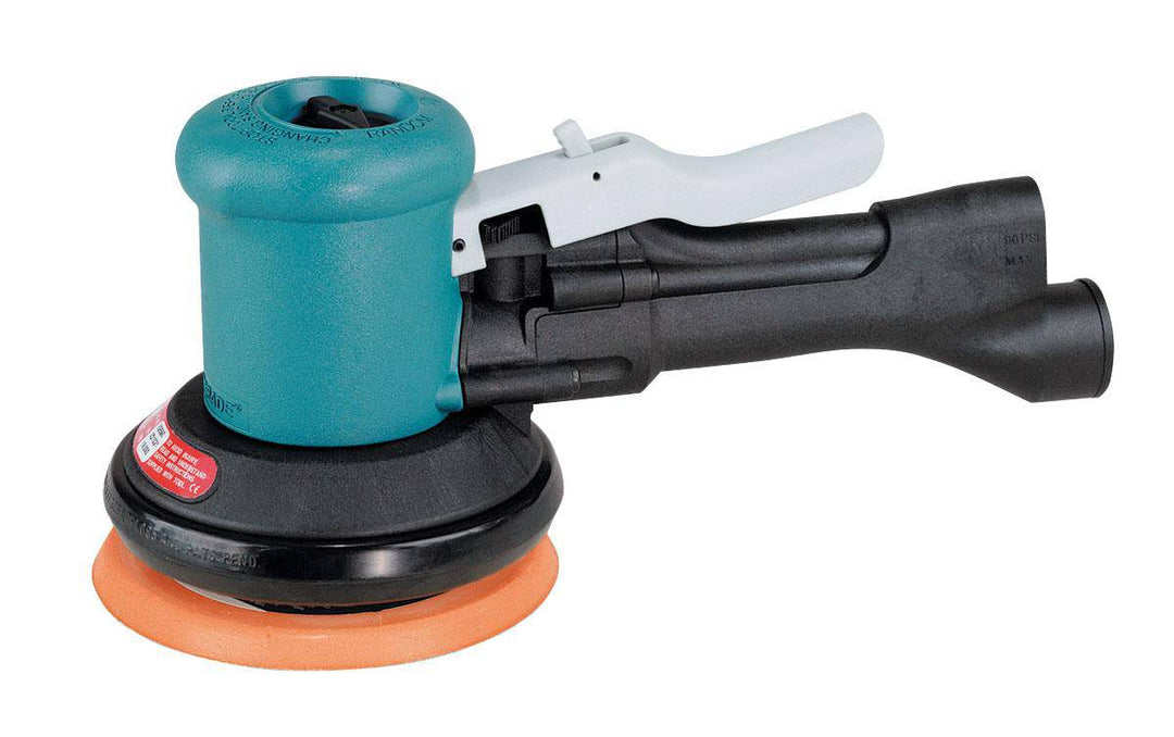 Dynabrade Dynalocke 58431 dual-action sander with 5-inch diameter, vacuum system, 0.4 HP, 12000 RPM, rear exhaust.