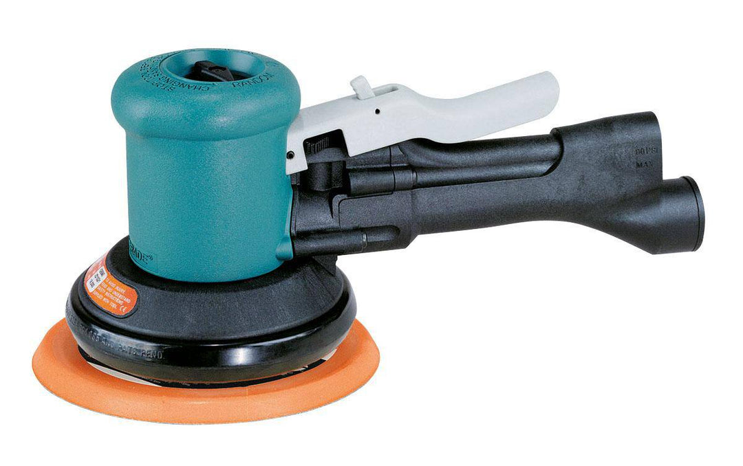 Dynabrade Dynalocke 58435 6-inch dual-action sander with rear exhaust, non-vacuum, 0.4 HP, 12000 RPM, orbit and rotary motion.