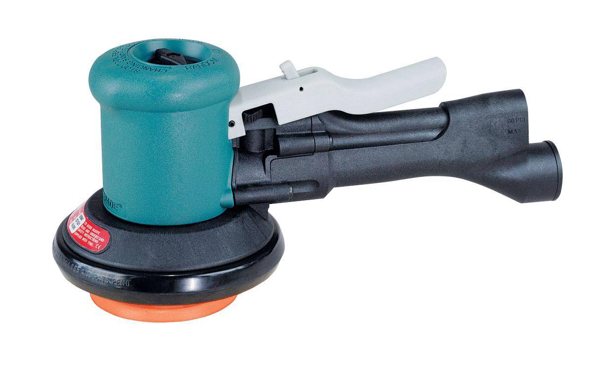 Dynabrade Dynalocke 58461 3-inch dual-action sander with vacuum, 4 HP, 12000 RPM, orbit and rotary functions, rear exhaust.