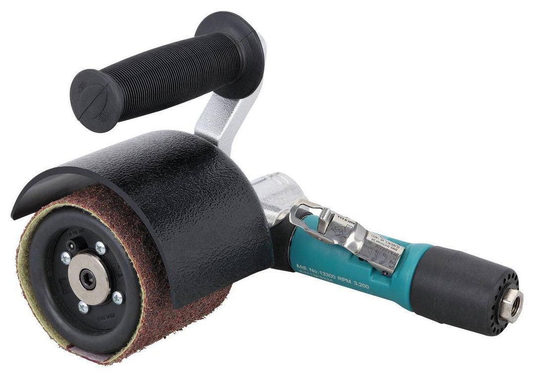 Dynabrade Dynisher 13301 mini finishing tool with 4 HP, 7-degree offset, rear exhaust, 5/8-inch arbor, used for precision sanding.