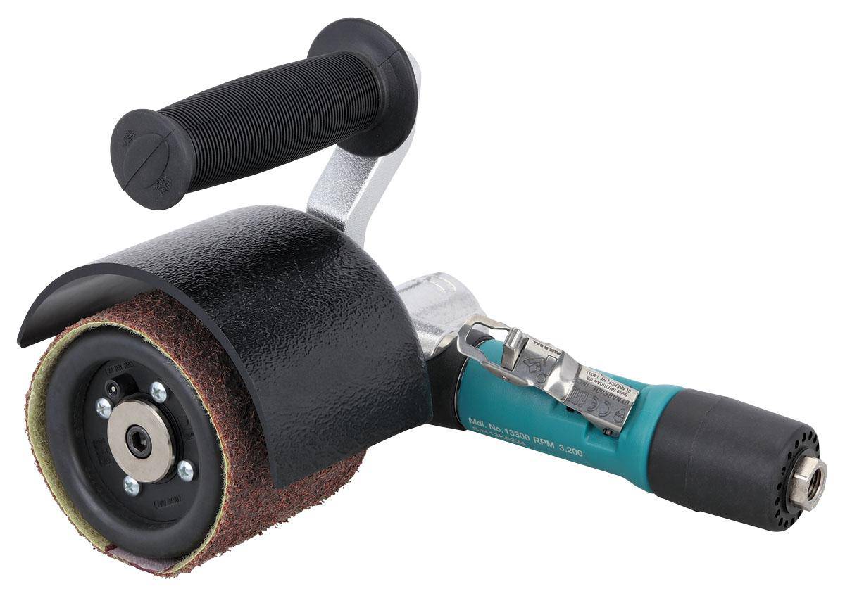 Dynabrade Dynisher 13301 mini finishing tool with 4 HP, 7-degree offset, rear exhaust, 5/8-inch arbor, used for precision sanding.