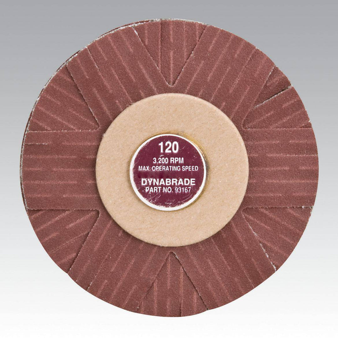 Dynabrade 93167 4-inch spindle mount sanding star with 120 grit aluminum oxide abrasive for grinding and finishing tasks.