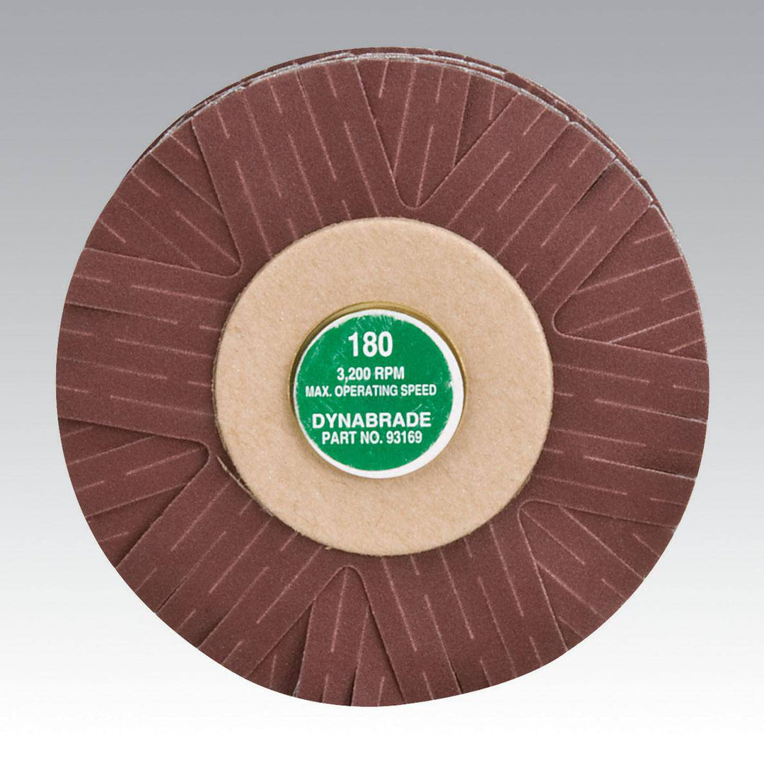 Dynabrade 93169 4-inch spindle mount sanding star with 180 grit aluminum oxide abrasive for polishing and surface preparation.