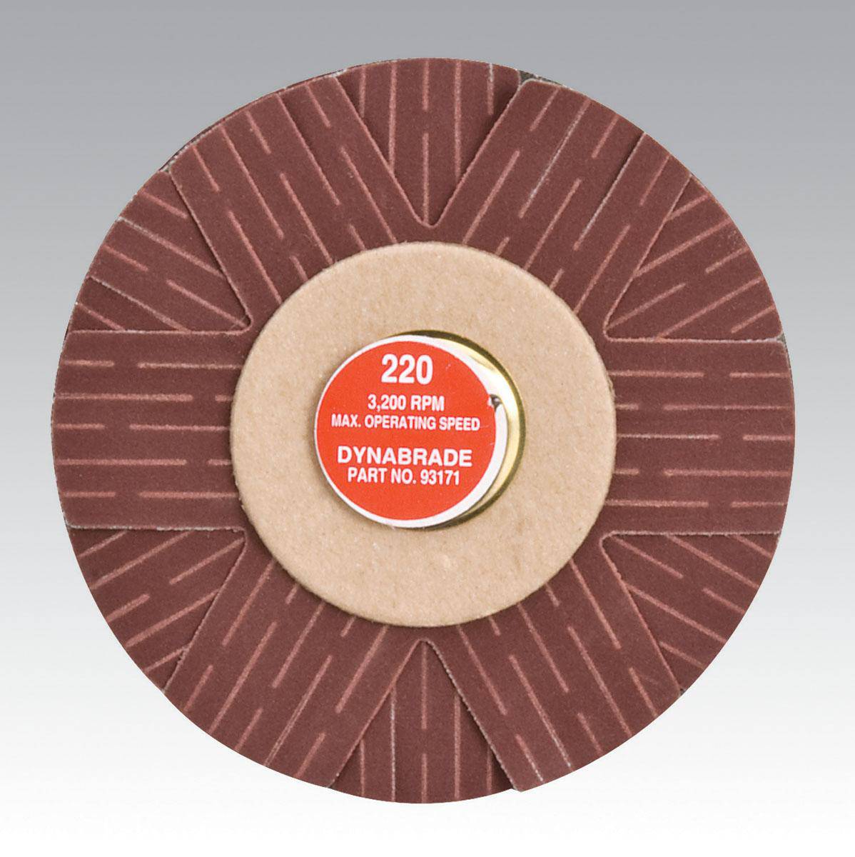 Dynabrade 93171 4-inch spindle mount sanding star with 220 grit aluminum oxide abrasive for polishing and grinding.