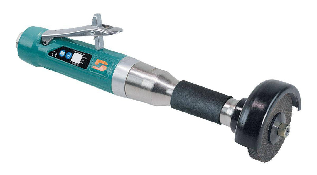 Dynabrade 52376 3-inch straight-line extension wheel grinder with 1 HP, 12000 RPM, rear exhaust, and 3/8-inch-24 spindle thread.