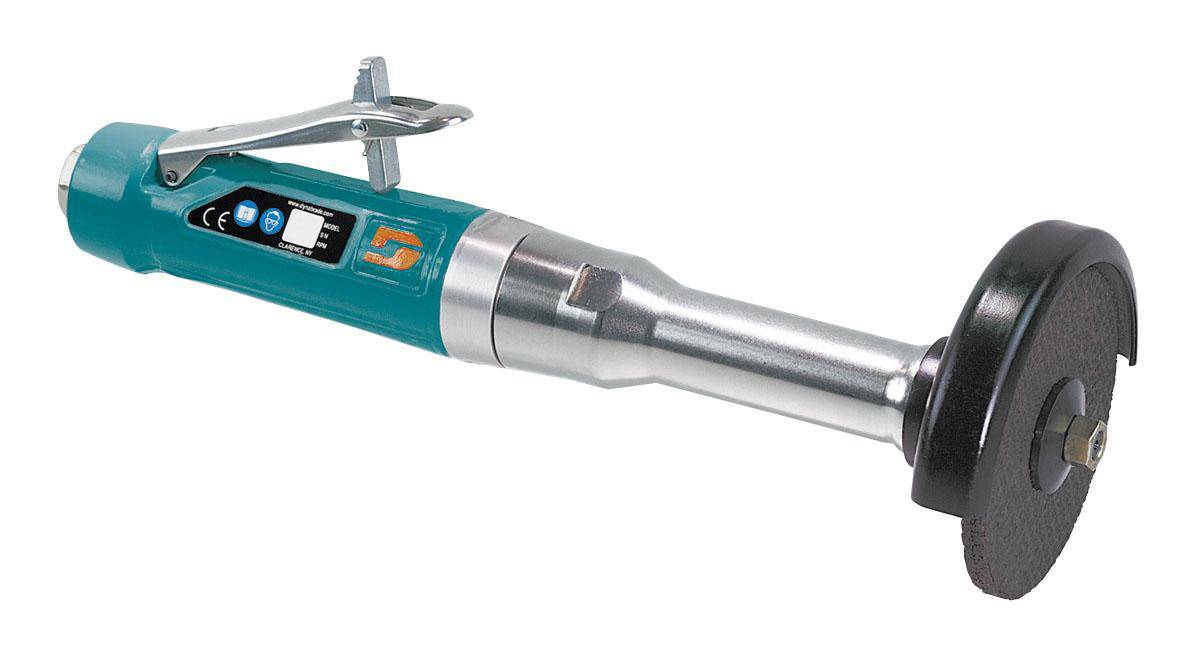 Dynabrade 52380 4-inch straight-line grinder with 1 HP, 15000 RPM, rear exhaust, 3/8-inch-24 spindle thread, extension wheel attachment.