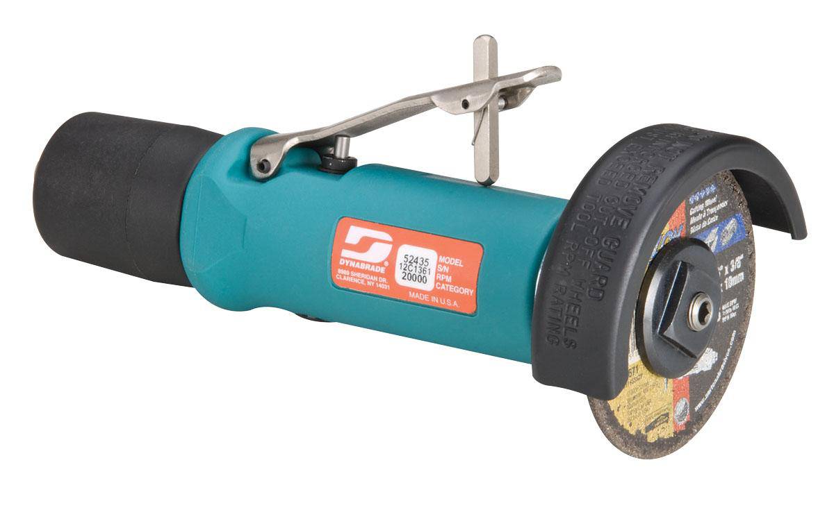 Dynabrade 52435 3-inch straight-line cut-off wheel tool with 0.5 HP, 20,000 RPM, rear exhaust, and 3/8 inch-24 spindle thread.
