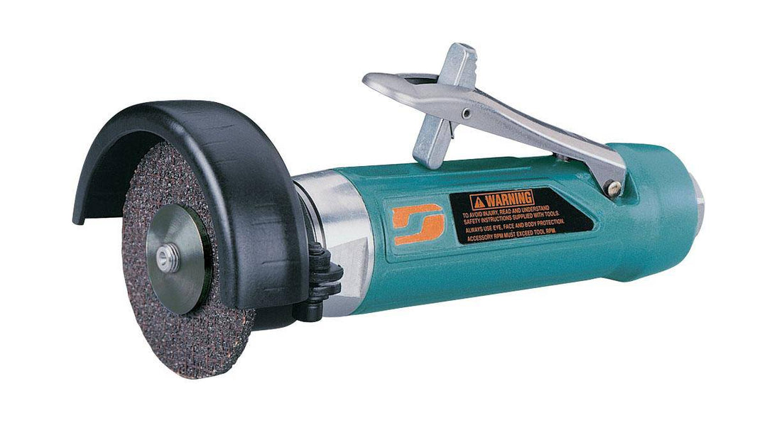Dynabrade 52573 4-inch straight-line cut-off wheel tool with 1 HP, 15000 RPM, rear exhaust, and 3/8-inch-24 spindle thread.