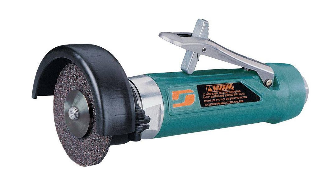 Dynabrade 52574 4-inch straight-line cut-off wheel tool with 1 HP, 18000 RPM, rear exhaust, and 3/8-inch-24 spindle thread.