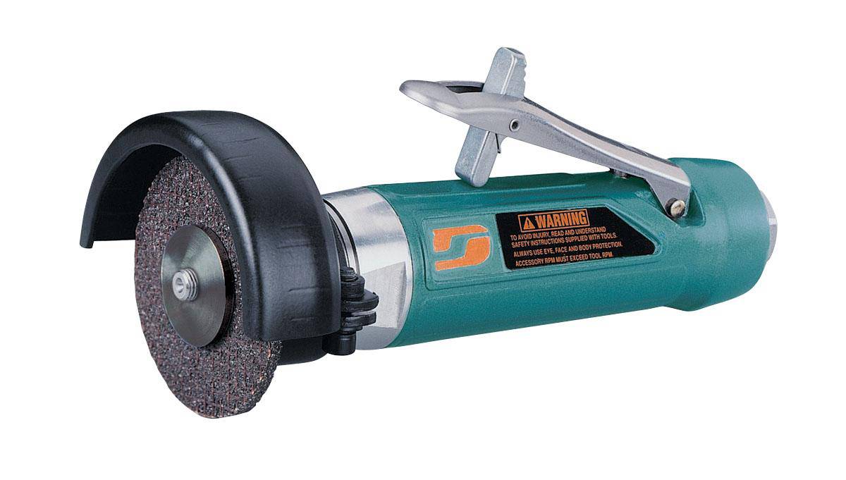 Dynabrade 52574 4-inch straight-line cut-off wheel tool with 1 HP, 18000 RPM, rear exhaust, and 3/8-inch-24 spindle thread.