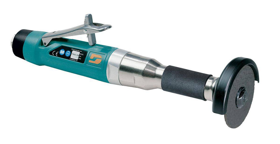 Dynabrade 52576 3-inch straight-line cut-off wheel tool with 1 HP motor, 15000 RPM, rear exhaust, 3/8-inch-24 spindle thread.